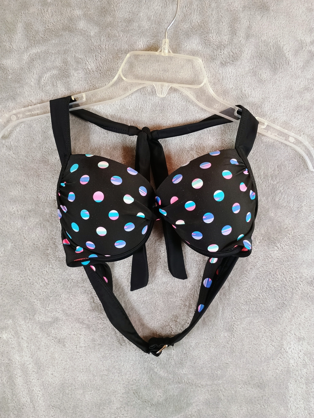 Tahiti Black Polka Dot Halter Bra/Swim  Top with Multicolor Dots Size Small